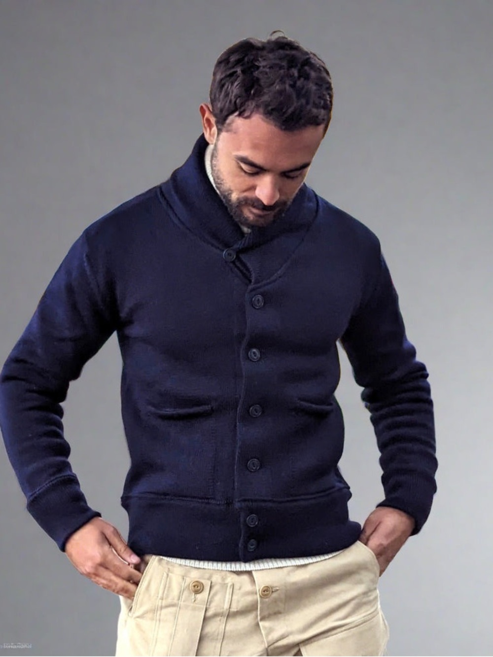 North Sea Clothing of London Men's Navy Shawl Collar Button Cardigan Sweater